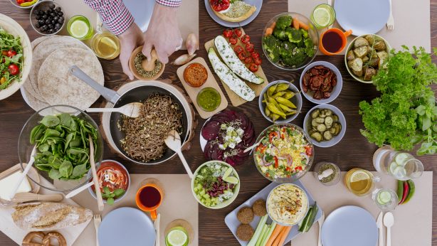 Overhead view of nutritious healthy meal spread